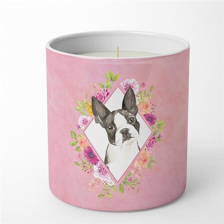 Carolines Treasures Carolines Treasures CK4257CDL 10 oz Boston Terrier Pink Flowers Decorative Soy Candle CK4257CDL